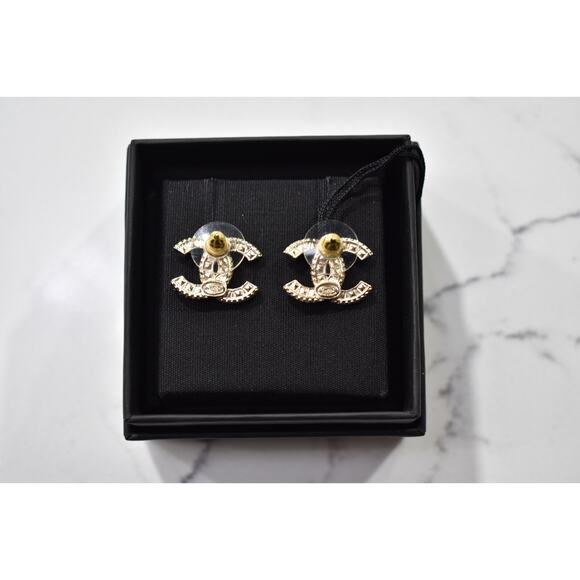 Chanel REV Gold Transparent Crystal CC Logo Classic Statement Stud Drop Earrings - Picture 10 of 11